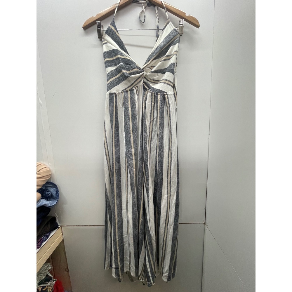 Skylar + Madison Striped Halter Wide Leg Jumpsuit Open Back Tie Grey Cream Large